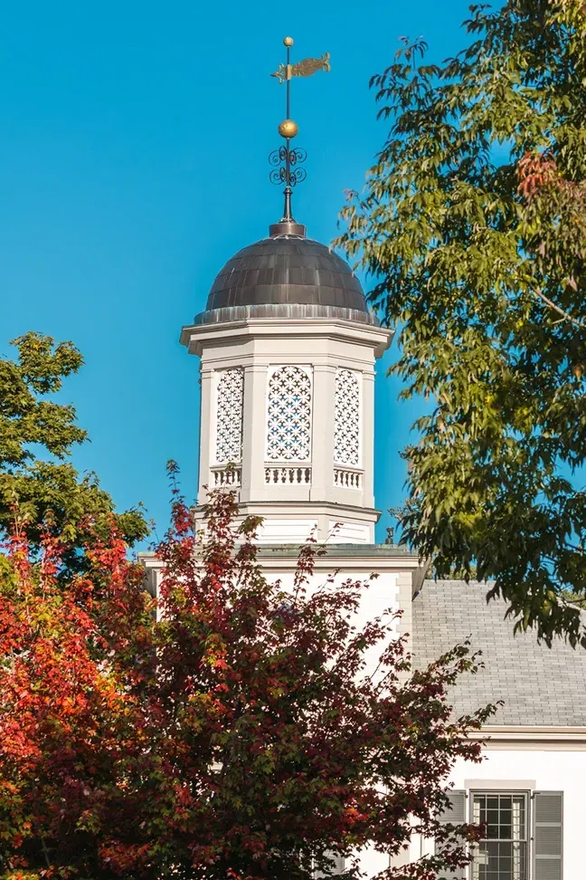 White cupola with lattice design and a weather vane on top, surrounded by trees and under a clear blue sky